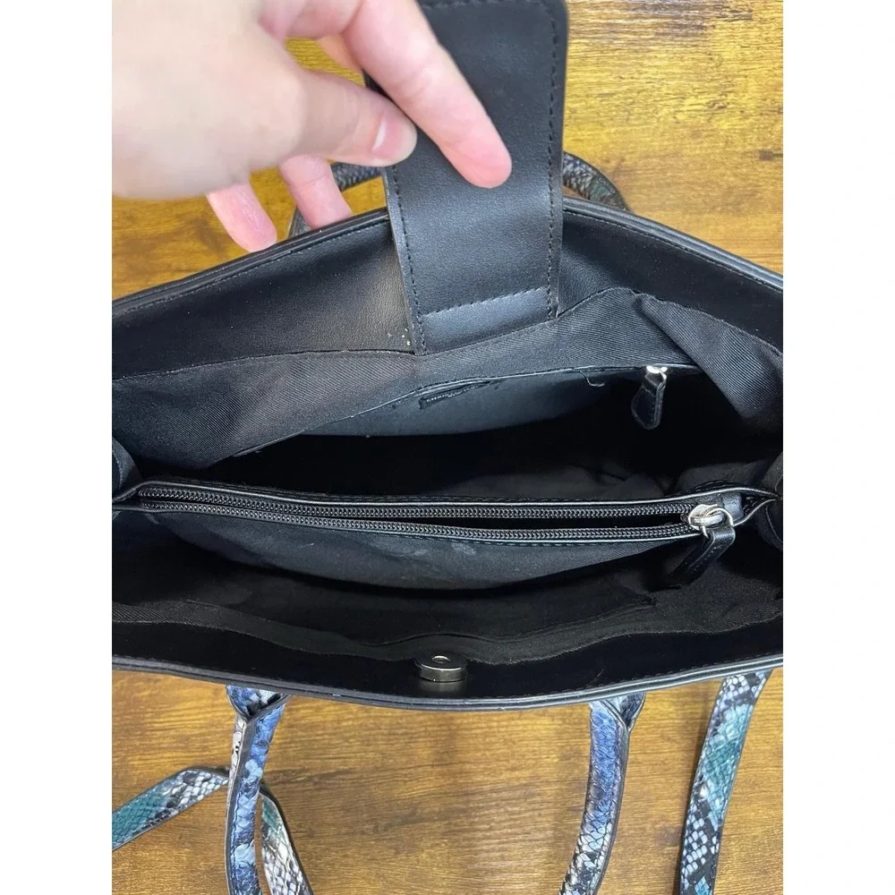 Christian Siriano‎ New York Black Faux Leather Satchel Tote Blue Python B1